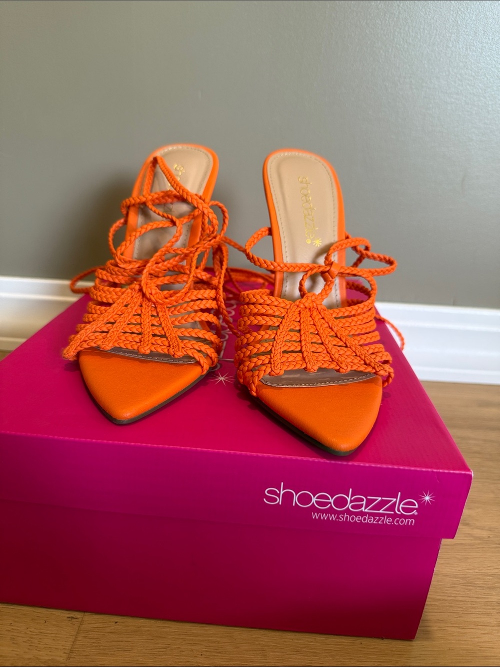 Shoe Dazzle Bright Orange Braided Lace-Up Pointed ankle wrap Heels